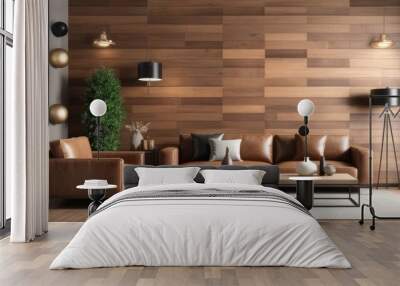 interior living room wall mockup with leather sofa and decor on wooden wall background Wall mural