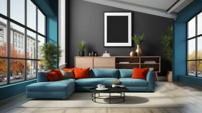 Mockup frame on cabinet in living room interior on empty dark wall background Wall mural