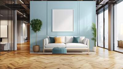 white poster frame close up in modern home interior with light blue colored walls, wall mockup, 3d rendering Wall mural