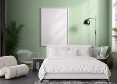 white poster frame close up in modern home interior with light green colored walls, wall mockup, 3d rendering Wall mural