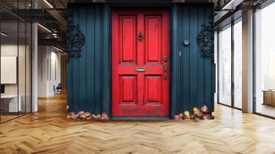 A bright red door with ornate ironwork accents stands out against the dark blue siding of a house.  Autumn leaves lie scattered at the base of the door. Wall mural