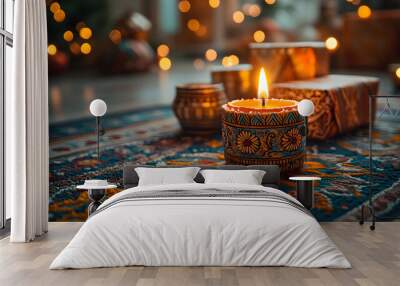 A burning candle with a decorative design sits on a patterned rug with gifts and warm lights in the background. Wall mural