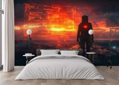 A futuristic scene featuring a solitary figure in a high-tech suit, standing by the ocean against a vibrant digital backdrop. Wall mural