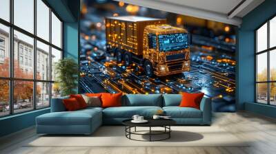 A futuristic truck model on a digital circuit board, illustrating technology and logistics in a modern context. Wall mural