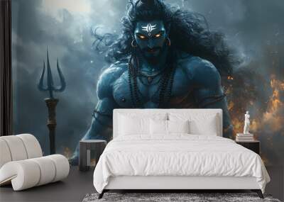 A majestic depiction of a blue-skinned deity standing amidst flames, embodying strength and power in a dramatic atmosphere. Wall mural