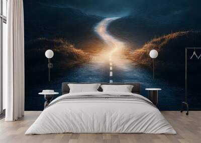 A road splitting into two distinct paths one light and one dark symbolizing the moral choices and dilemmas faced in life s journey  The image provides a concept for decision making guidance Wall mural