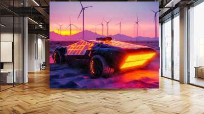 A sleek solar powered car glides effortlessly through a surreal desert landscape flanked by towering wind turbines that stand as sentinels of a future  The high contrast Wall mural