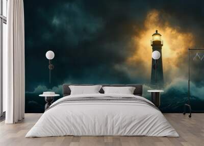 A towering lighthouse stands tall and resolute against the backdrop of a raging storm its beacon cutting through the swirling winds and crashing waves Wall mural