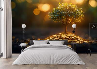 A vibrant tree emerging from a mound of shining coins, symbolizing growth and wealth in a sunlit environment. Wall mural