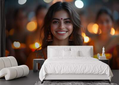 A young woman with a warm smile and traditional Indian attire stands in front of a group of people holding candles, celebrating a festive occasion. Wall mural