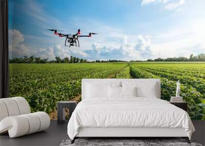 Aerial view of a smart farm with automated drone monitoring systems capturing valuable data from the crops and fields to optimize agricultural productivity and sustainability Wall mural