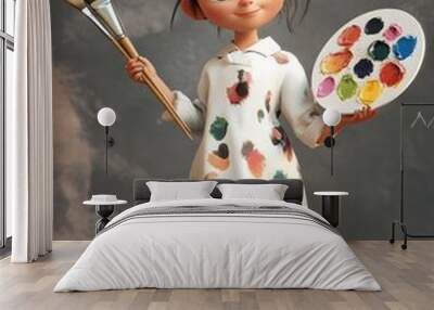 Animated 3D female character in smock holding a paintbrush and palette centered in a creative studio setting depicting the profession talent and passion of an Wall mural