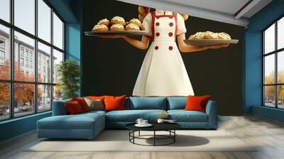 Animated 3D model of a young female character in a baker s uniform standing and holding a tray of fresh baked cookies in a studio setting with a plain backdrop Wall mural