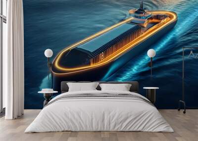 Autonomous cargo ship with advanced automated systems sailing smoothly across the open ocean representing the future of efficient and innovative maritime transportation and logistics Wall mural