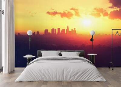 Breathtaking panoramic view of a modern urban skyline at sunset featuring impressive silhouettes of skyscrapers and highrise buildings set against a dramatic sky with clouds and colorful lighting Wall mural