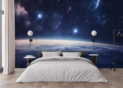 Breathtaking view of a distant planet set against a backdrop of a vibrant starry sky  Ethereal constellations and a glowing cosmic horizon create an otherworldly dreamlike atmosphere Wall mural