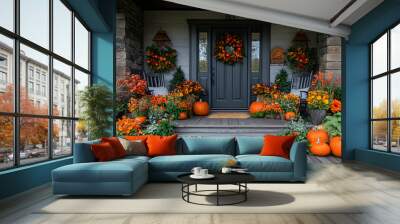 Charming autumn porch adorned with vibrant pumpkins, colorful flowers, and seasonal decorations, creating a festive atmosphere. Wall mural