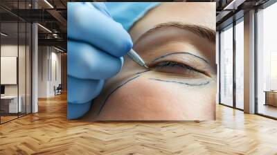 Close up of a medical professional sketching guidelines on a patient s face for an upcoming eyelid surgery procedure in a medical clinic or cosmetic surgery setting with an isolated background Wall mural