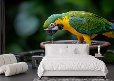 Close up photograph of a vibrant parrot drinking water from a small dish in its natural tropical habitat showcasing the bird s colorful plumage beak and attentive behavior Wall mural