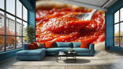 Close up photograph showcasing the process of smoothly and evenly spreading a rich vibrant red tomato sauce over pizza dough using a spoon Wall mural