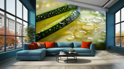 Closeup macro photography of a freshly sliced zucchini revealing the intricate patterns vibrant green color and moist texture of this nutritious vegetable Wall mural