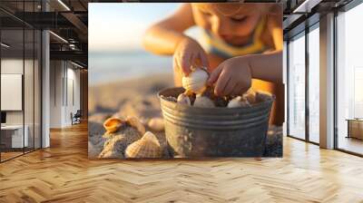 Closeup of a young child excitedly collecting various seashells and placing them in a sand bucket at the peaceful and sunny beach  The concept of summer vacation coastal childhood wonder Wall mural