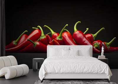 Closeup photography of a group of vibrant red chili peppers,showcasing the sharp,spicy,and flavorful characteristics of these popular culinary ingredients. The image highlights the natural textures. Wall mural