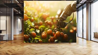 Cutting edge agricultural robot meticulously harvesting crops in a verdant field its robotic arms delicately picking fresh fruits with precision and efficiency Wall mural