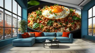 Delicious stir-fried rice topped with an egg, herbs, and spices, showcasing vibrant colors and textures in a gourmet presentation. Wall mural