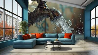 Detailed Close up Shot of Water Flowing Steadily from a Faucet with a Ceramic Handle Highlighting the Smooth Motion and Transparent Nature of the Liquid Wall mural