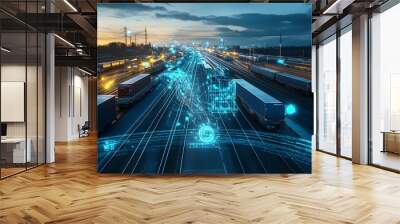 Digital twin technology managing a complex urban transportation network utilizing data analytics automation and intelligent systems to optimize traffic flow logistics Wall mural