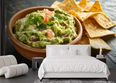 Freshly Prepared Guacamole Dip Served with Crunchy Tortilla Chips the Perfect Appetizer or Side Dish for Gatherings Parties or Mealtime Enjoyment Wall mural