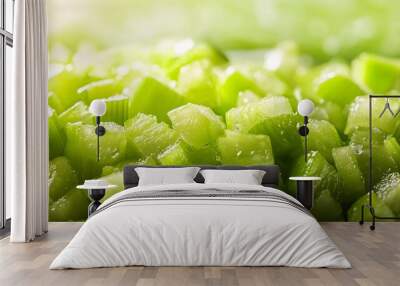 Macro photography of freshly diced celery highlighting the vegetable s vibrant green color and crunchy crisp texture  Perfect for recipes culinary and healthy eating concepts Wall mural