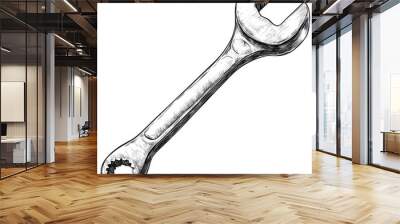 Monochrome hand drawn sketch of a spanner or wrench mechanical tool isolated on a clean white background  Simple graphic design element for repair construction industrial or DIY concepts Wall mural