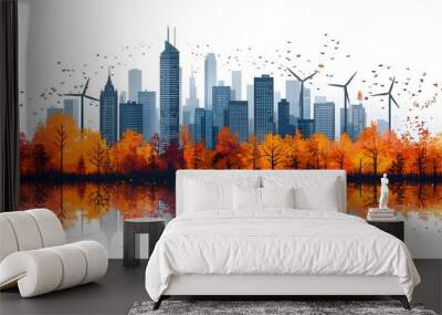 of a sustainable city skyline featuring wind turbines and trees representing the concept of clean energy and eco friendly urban development for a greener future Wall mural