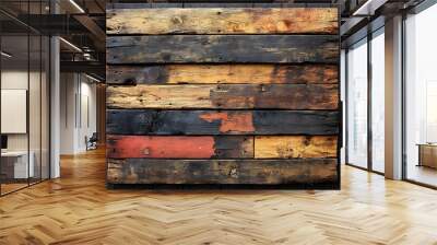 Textured wooden planks arranged in a rustic pattern, showcasing natural variations and colors for a warm aesthetic. Wall mural