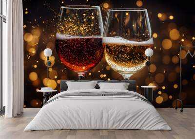 Two elegant glasses filled with sparkling beverages, celebrating joy and togetherness against a festive backdrop. Wall mural