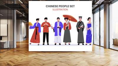 Chinese man and woman in traditional clothes vector illustrations. Group chinese male and female cartoon characters. Flat vector illustration isolated on white background Wall mural