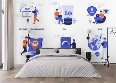 Internet network illustration collection set. Internet service provider, 5g network, virtual private network, network bandwidth, public netwok, personal hotspot. Flat design illustration Wall mural