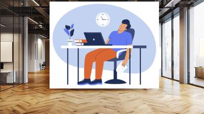 Tired employee sitting at work. Flat vector illustration Wall mural