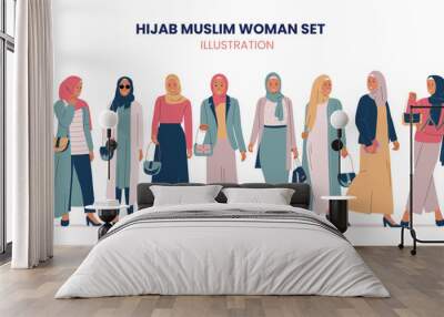 Vector set of stylish muslim women. Female muslim hijab dress collection. Flat vector illustration isolated on white background Wall mural