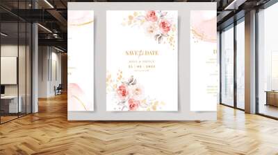 Set of watercolor wedding invitation card template with pink floral and leaves decoration Wall mural