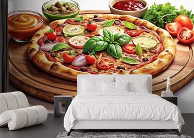 A vibrant pizza with a variety of toppings, including vegetables and meatballs. Wall mural