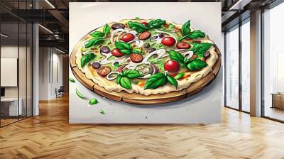 A vibrant pizza with a variety of toppings, including vegetables and meatballs. Wall mural