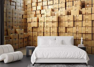 A warehouse filled with neatly stacked cardboard boxes. Wall mural