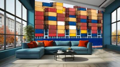 Depicts a large cargo ship docked at a port Wall mural