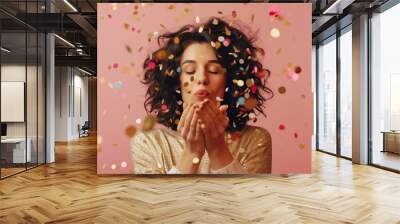 joyful woman blowing confetti in festive celebration Wall mural