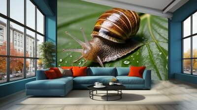 A snail with a brown and white striped shell crawls on a wet green leaf. Wall mural