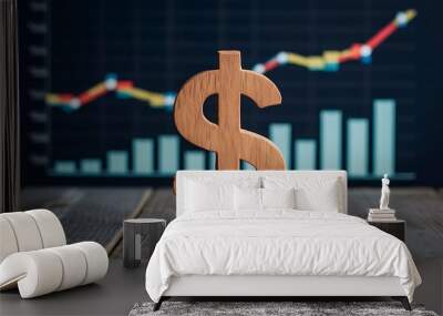 A wooden dollar sign stands on a wooden surface, with various financial graphs and charts displayed in the background. The graphs show fluctuating data, suggesting economic analysis or financial growt Wall mural