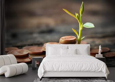 A young plant growing from a pile of coins on a wooden surface. Wall mural